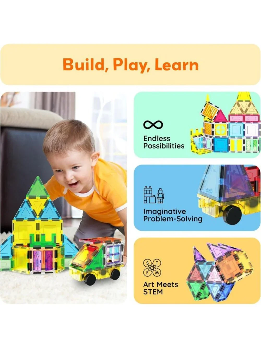 Magnetic Building Blocks Set - 61 Piece STEM Educational Toy for Kids Ages 3-12